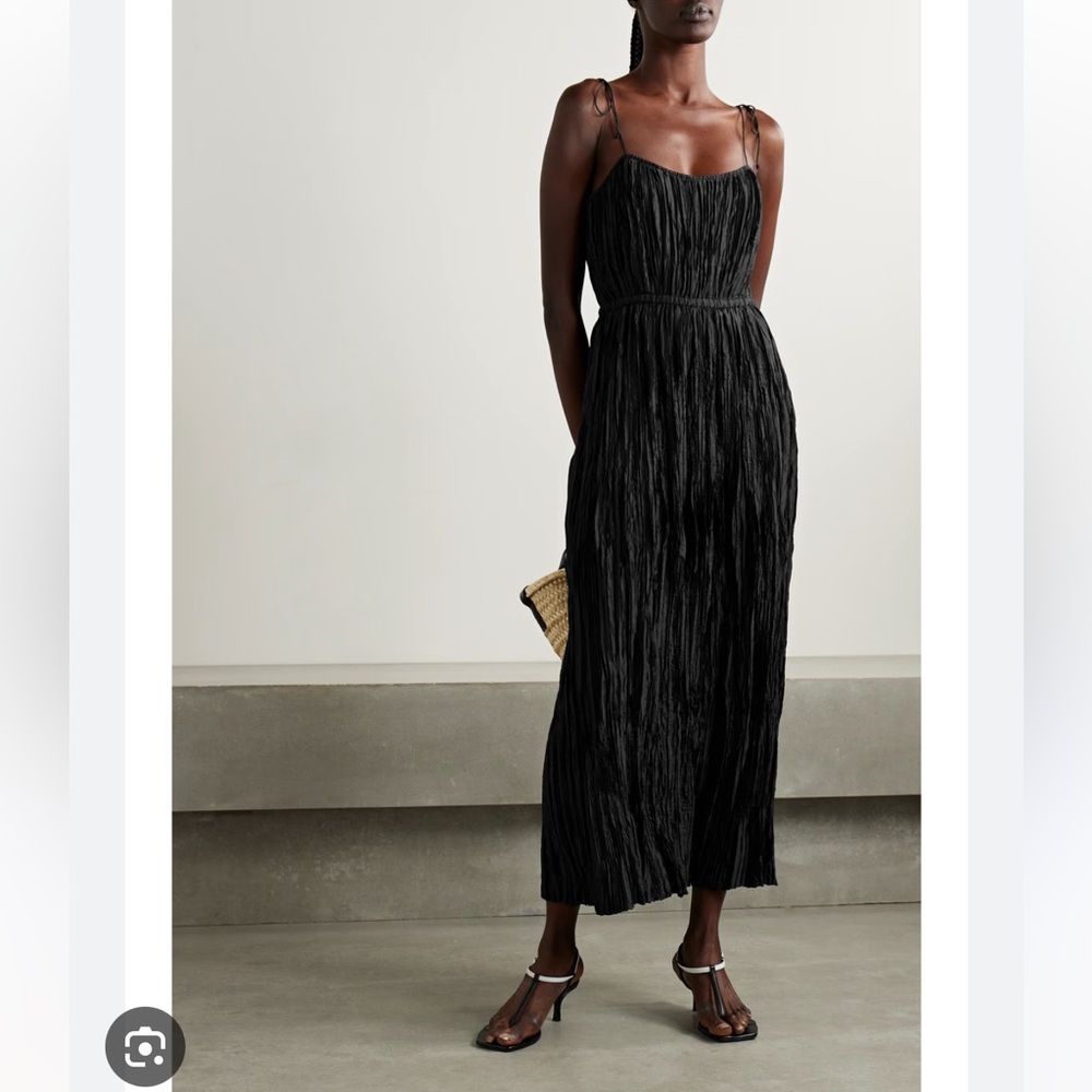 NWT Ulla Johnson Black Orla Crinkled Satin Plisse Midi Dress Black Size 2